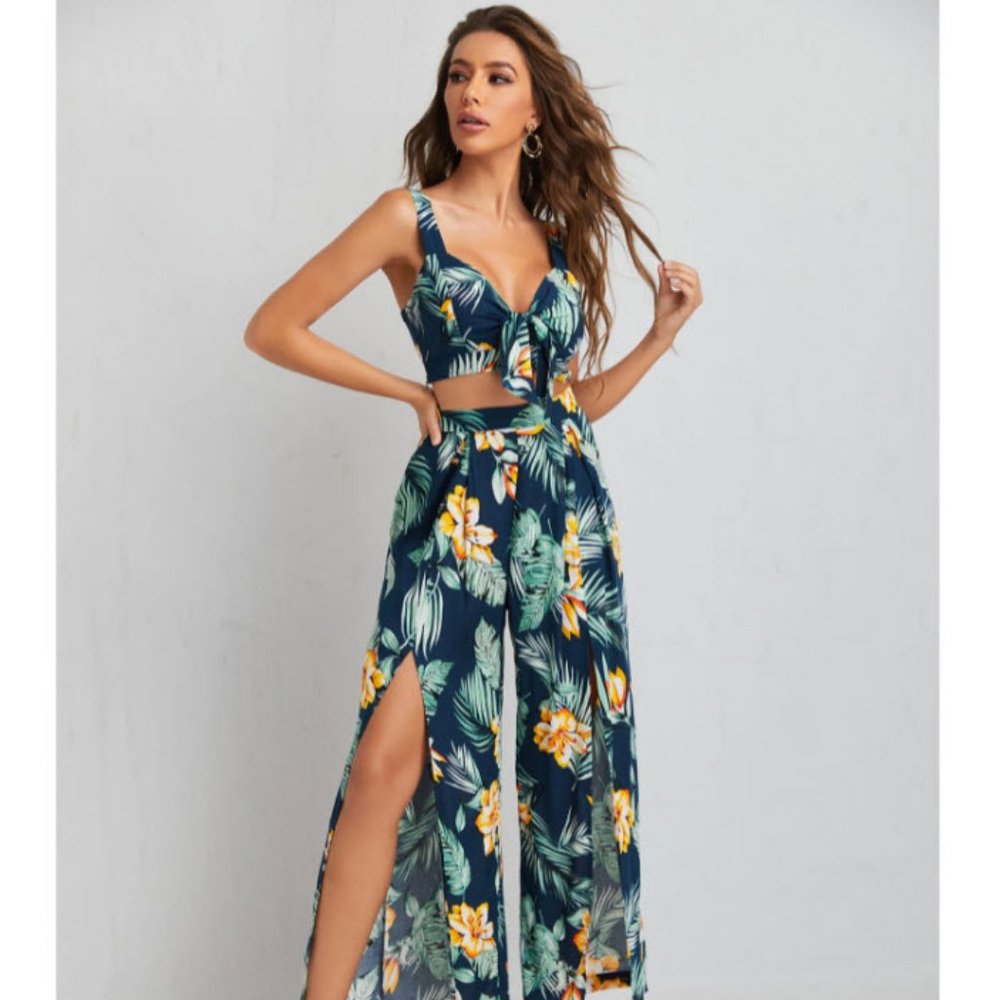 Tropical Front Tie Cami and Matching high split pants